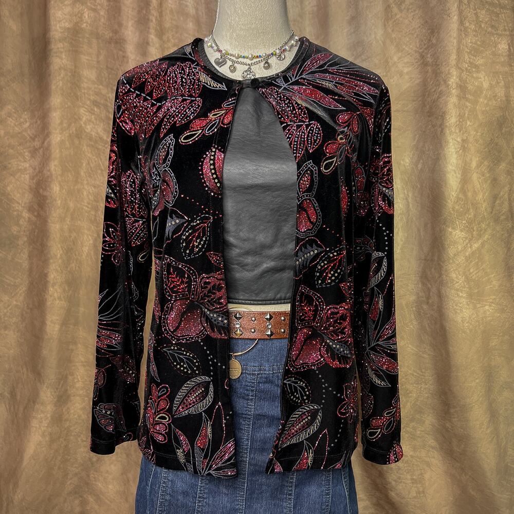 Vintage Y2K Glitter Cardigan Floral Velour Open Front Whimsigoth Fairy Goth